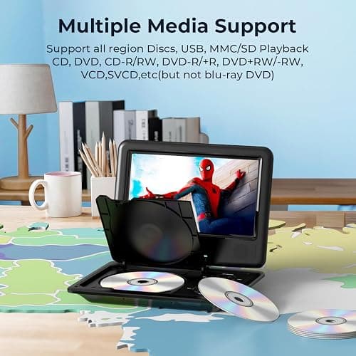 DBPOWER 11.5" Portable DVD Player, 5-Hour Built-in Rechargeable Battery, 9" Swivel Screen, Support CD/DVD/SD Card/USB, Remote Control, 1.8 Meter Car Charger, Power Adaptor and Car Headrest (Black) thumbnail 2
