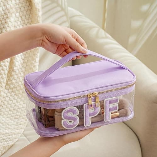 RSRSLEII Clear Waterproof Summer SPF Makeup Bag，Aesthetic Transparent Letter Patch Cosmetic Bag with Metal Zipper, Preppy Sunscreen Accessories Storage Organization, Beach Travel Purse(08Purple) thumbnail 2