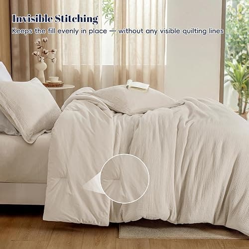 PHF Cotton Muslin Comforter Set King – 100% Cotton Cover, Ultra Soft & Breathable, 3PCS Lightweight All-Season Bedding with Polyester Fill, 1 Comforter 104"x90" & 2 Pillow Shams 20"x36", Natural thumbnail 4