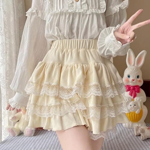 Lolita flauschiger Rock mit Shorts, für Teenager, Mädchen, Mini-Kawaii-Spitze, gestufte Rüschen, hohe Taille, flauschiger Faltenrock thumbnail 4