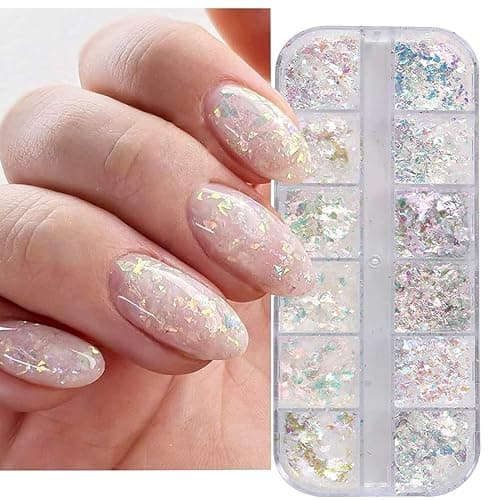 Holographic Iridescent Nail Art Nail Glitter KALEFUL Powder Aurora Foil Sequins Flakes Paillettes Designs Manicure Nail Decorations - 12 Grids - Image 1