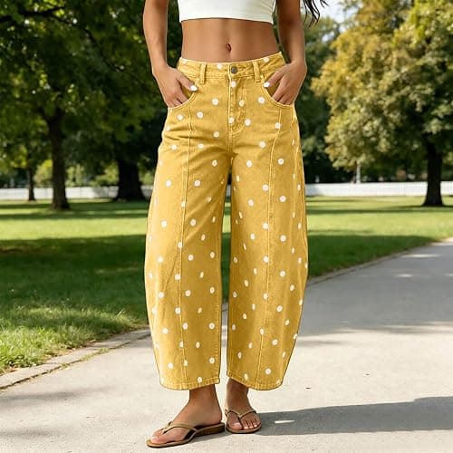 XUIXNW Womens Polka Dot Barrel Jeans 2026 Fall High Waisted Wide Leg Casual baggy Stretchy Denim Pants with Pockets thumbnail 2