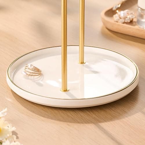 Josmimic Jewelry Stand with Ceramic Tray for Earrings, Necklaces | Gold Bar White Tray thumbnail 3