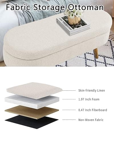 ECLYL Oval Storage Bench 43.5" Linen Fabric Upholstered Entryway Bench with Solid Wood Legs Ottoman Bench Indoor Bench for Living Room/Bedroom/End of Bed/Entryway (Beige) thumbnail 3
