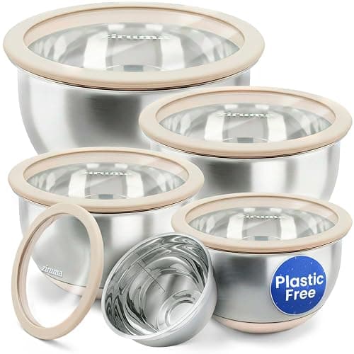 Ziruma Non-Toxic Mixing Bowls with Lids Set, Stainless Steel & Glass, 5 Pcs Plastic Free Bowls with Silicone Non-Slip Base, Dishwasher Safe Mixing Bowl Set - Image 1