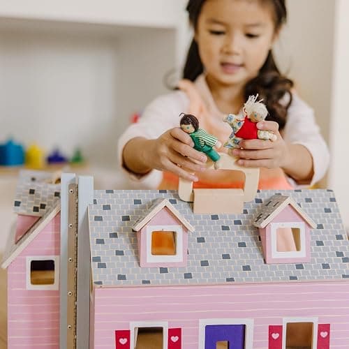 Melissa & Doug Fold & Go Wooden Dollhouse with 2 Dolls and 11 Pieces of Furniture - Portable Mini Doll House with Accessories and Toy Figures, Ages 3+ thumbnail 2