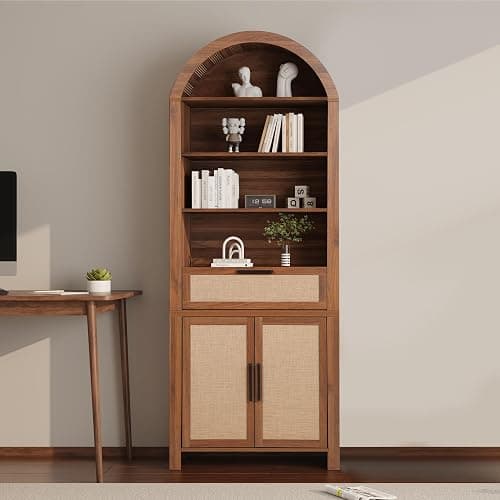 Janmer Home 79" Tall Arched Bookcase with Storage, Mid Century Modern 6-Tier Cabinet with Door and Drawer, Arched Bookshelf with Open Display Shelf for Office Living Room(Walnut, 79inch-Doors) thumbnail 3