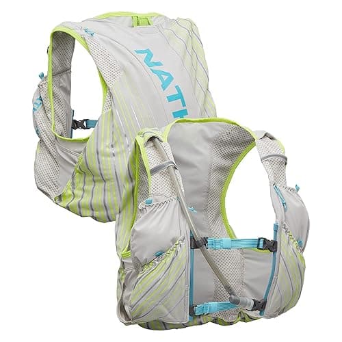 Nathan Women's Pinnacle Race Vest & 12L Hydration Pack with 1.6L Bladder, Water-Resistant Pockets, Lightweight & Moisture Wicking - Vapor Grey/Caribbean Blue - Medium