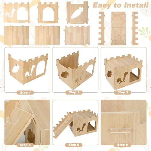 YUEPET Large Wooden Rabbit Castle with Ramp, Rabbit Pig Hideout Detachable Bunny House Indoor Small Animal Houses & Habitats for Adult Bunny Guinea Pig Chinchilla Hide Rest Play thumbnail 5