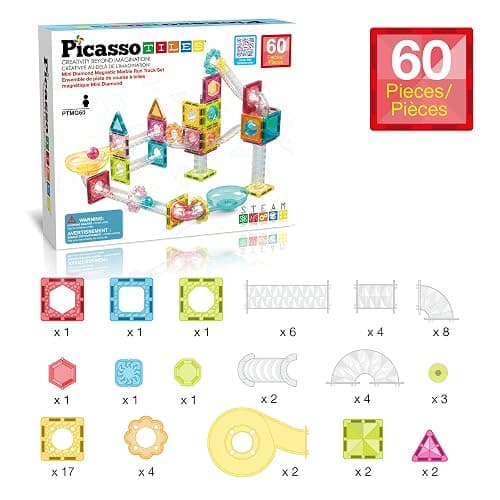PicassoTiles 60 pc Magnet Tiles Building Block Travel Size Magnetic Marble Run Construction Toy Set Mini Diamond Marble RaceTrack Building Blocks Playset Education STEM Learning Kit Boy Girl 3+ PTMG60 thumbnail 3