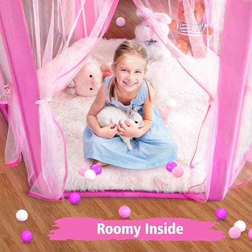 Monobeach Princess Tent Girls Large Playhouse Kids Castle Play Tent with Star Lights Toy for Children Indoor and Outdoor Games, 55'' x 53'' (DxH) - 01 Pink Tent with Little Star Lights thumbnail 6