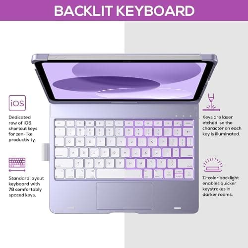 typecase Touch iPad 11th 10th Generation Case with Keyboard (11" 2025, A16 & 10.9" 2022) – 360° Rotatable, 11-Color Backlit, Multi-Touch Trackpad, Pencil Holder, Thin & Light – Light Purple thumbnail 3