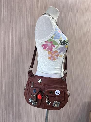 Vintage Y2K Crossbody Bag for Women- Adjustable Strap, Retro Button Design, Multi-Pocket PU Leather Bag thumbnail 3