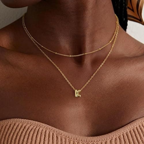 Thaivor Bubble Letter Necklace Layered Initial Necklaces for Women Dainty Cute Choker Pendant Stack Jewelry Teen Gift Trendy Stuff thumbnail 6