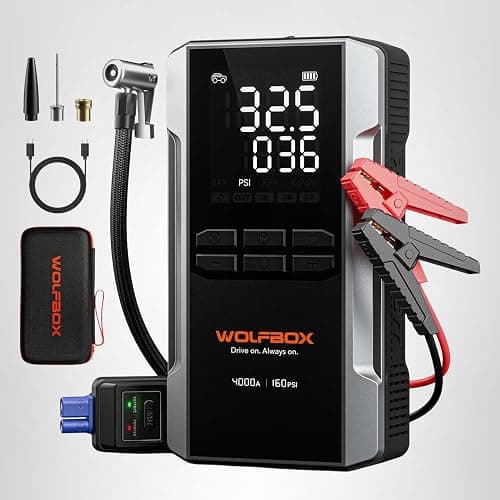 WOLFBOX 4000A Jump Starter with 160PSI Air Compressor, 12V Car Battery Booster, 65W Fast Charge, 24000mAh Portable Tire Inflator, LED Display for 10L Gas & 10L Diesel Engines, LED Light, Jumper Cables thumbnail 9