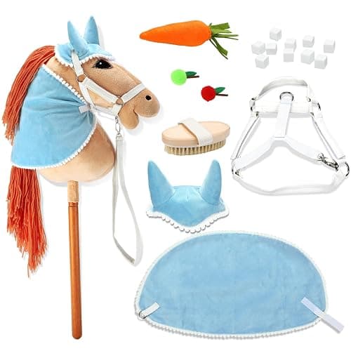 Teyva Daily 8 Pcs Hobby Horse Bridle Kit Include Horses Ear Bonnet Blanket Halter Sugar Cubes Red Green Apples Carrots Brush Saddle Belt Equestrian Enthusiast Gift, Hobby Horse Not Include - Image 1