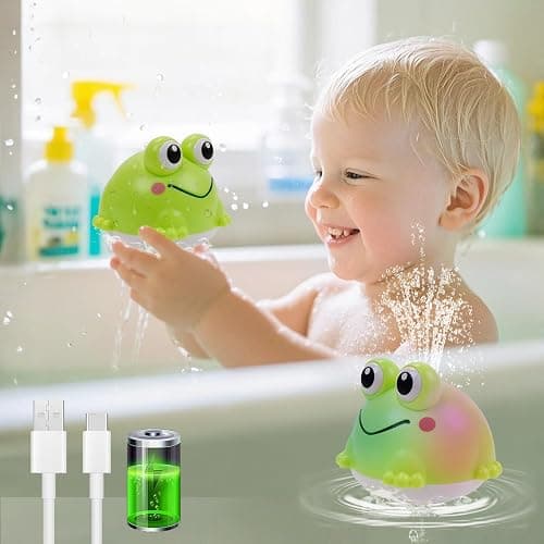 ArtCredit Light Up Bath Toy Sprinkler for Babies, Rechargeable Bathtub Pool Water Toys Baby Gifts for Toddlers, Shower Essentials (Frog) - Image 1
