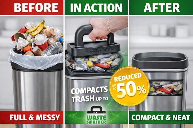 Waste Smasher - Manual Trash Compactor Tool - Hand-Held Garbage Press with Built-in Hook - for Kitchen Waste Bin - Space Saving Design - No Batteries Required - Freestanding - Black thumbnail 4