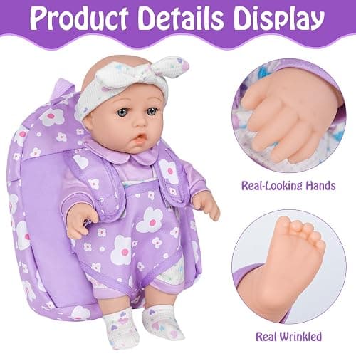 UZIDBTO 12" Baby Doll with Flower Pattern Backpack Carrier,12 Inch Realistic Baby Dolls with Clothes and Accessories Hanky Pacifier Bottle Diaper Toy Pretend Play Collection for 3+ Child Girls Gifts thumbnail 6