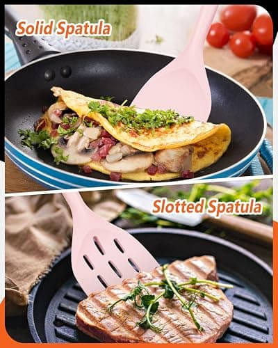 Pack of 2 Silicone Spatula, Non Stick Cooking Utensil Set Wooden Handle Kitchen Turner for Baking Mixing Grilling Serving Food Heat Resistant Non Scratch Hooks Included (Pink) thumbnail 5