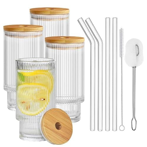 ALINK Glassware 4pcs Set,Water Drinking Glasses Cups 11 oz with Bamboo Lids and Glass Straws, Vintage Iced Coffee Cups, Origami - Image 1