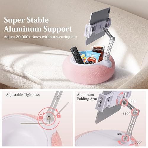 LORAK 3-in-1 Kindle Pillow Stand with Three-axis Aluminum Arm, Tablet Pillow Stand with Snack Bowl and Lap Desk for 4.7-15.6" Kindle/Phone/Tablet, Hands Free Reading on Bed/Couch/Sofa (Gray) thumbnail 4