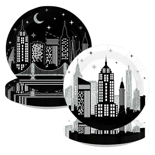 Grencian 50 Pcs New York City Skyline Paper Plates 9 Inch | NYC Building Disposable Plates City Skyscraper Building Dessert Plates for American 4th of July Holiday Urban Bday Supplies - Image 1