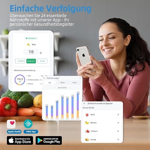 Digitale Küchenwaage mit Nährwertberechnung, Lebensmittelwaage mit 24 Nährwertanalyse, 5kg Edelstahl-Ernährungswaage, TFT Farbdisplay, 50 Offline & unbegrenzte Kalorienanalyse per App, Tara Funktion thumbnail 5