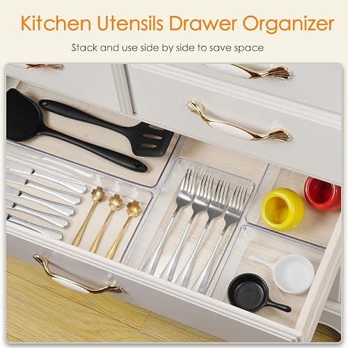 Criusia Drawer Organizer, 10 Pack Large Clear Plastic Set, 3 Size Versatile Bathroom and Vanity Organizer Trays, Storage Bins for Makeup, Bedroom, Kitchen Utensils thumbnail 4