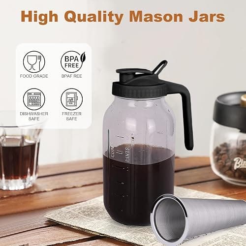 Cold Brew Coffee Maker,64 oz Mason Jar Pitcher with Stainless Steel Filter, Pour Spout Handle Lid, Heavy Duty Glass Airtight & Leak-Proof for Iced Coffee,Tea & Lemonade thumbnail 3