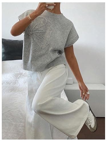 SOLY HUX Women's Short Sleeve Sweater 3D Floral Sweaters Pullover Tank Tops Knit Vest Trendy Fashion Clothing thumbnail 5