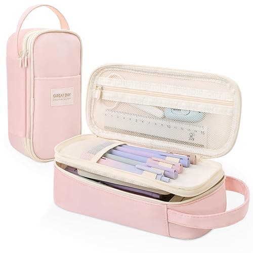 SKYDUE Pink Pencil Case for Girls - Aesthetic Pencil Bag with Multi-Compartment, Large Capacity Zippered Pencil Pouch for School Supply - Image 1