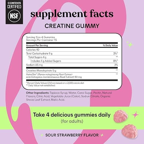 Lemme Creatine Monohydrate Gummies for Women and Men, 5g Dose to Support Lean Muscle, Strength, Recovery, Cognitive Health, w/Ginseng for Absorption, Sour Strawberry, NSF Certified, 60 Gummies thumbnail 6