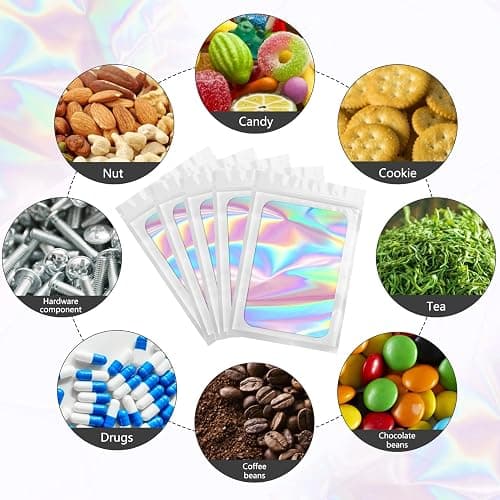 Funfery 100 pcs White Smell Proof Mylar Holographic Bags Packaging Bags,Clear Resealable Odor Proof Bag Foil Pouch Bag for Food Storage,Lipgloss,Jewelry,Eyelash Packing for Small Business(2.4x3.9In) thumbnail 5