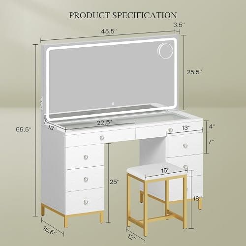 DWVO White Vanity Desk with Mirror: Makeup Table with Power Outlets & 8 Drawers 3-Mode LED Mirror, Storage Stool for Dressing Room thumbnail 2