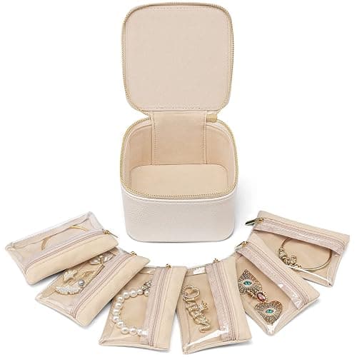 Vlando Travel Jewelry Case,Small Jewelry Box Organizer,Travel Jewelry Storage with 6 Velvet Jewelry Zipper Pockets, Birthday Gifts for Women Girls (White) - Image 1