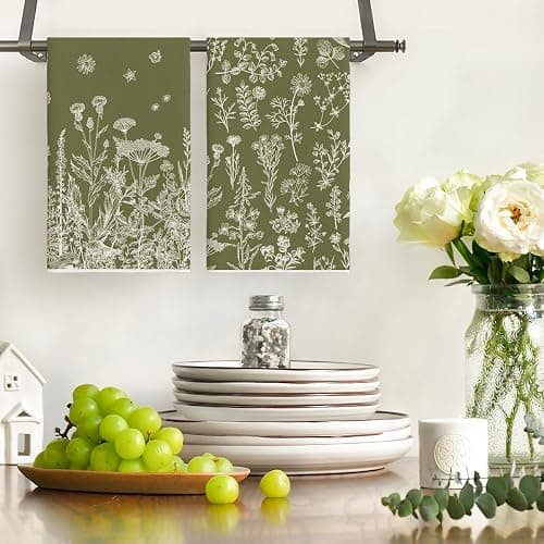 Artoid Mode Green Antique Herbs Wild Flowers Leaves Spring Kitchen Towels Dish Towels, 18x26 Inch Seasonal Decoration Hand Towels Set of 2 thumbnail 2