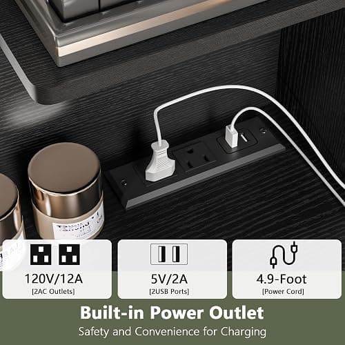 FIONESO Vanity Desk with LED Light Mirror & Power Outlet, 8 Drawers, 6 Storage Shelves, 3 Color Modes & Adjustable Brightness Makeup Vanity, Corner Vanity, L Shape Vanity, 39.4”-64.9" Desk, Black thumbnail 7