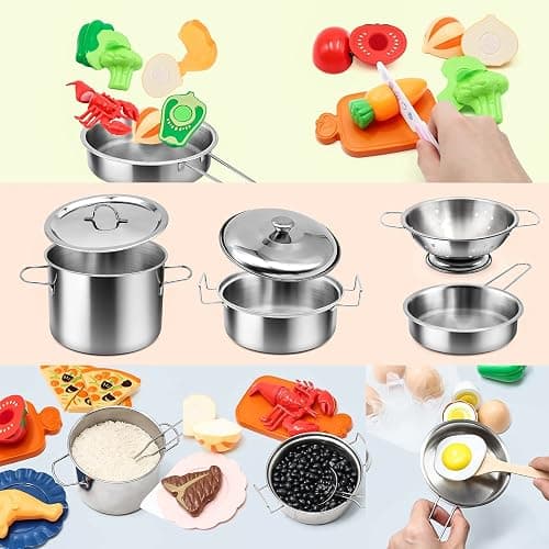 37Items 59Pcs Kids Pretend Play Kitchen Accessories Set, Stainless Steel Play Pots and Pans Sets for Kids, Cooking Utensils, Play Food Pizza Knife Kitchen Playset Toys Gift for Boys Girls Toddlers thumbnail 7