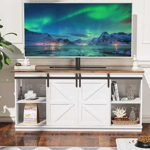 YESHOMY Farmhouse TV Stand for Televisions up to 65 Inches, Sliding Barn Doors and Storage Cabinets, Console Table and Media Furniture for Living Room, 58 Inch, Milk White thumbnail 3