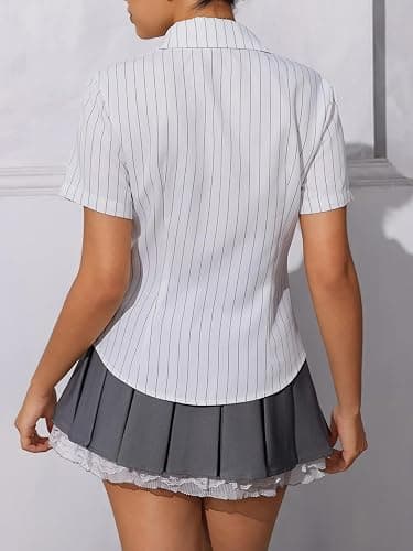 SweatyRocks Women's Striped Button Down Shirt Short Sleeve Collared Fitted Work Office Blouse Dressy Tops thumbnail 2