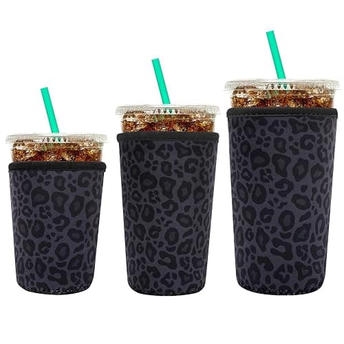 YR Reusable Neoprene Insulator Sleeve for Iced Coffee Cups, 3 Pack Coffee Coolies sleeves for Iced & Hot Drinks, Cold Beverage Cooler Compatible with Starbucks Coffee and More (Black Leopard Print) - Image 1