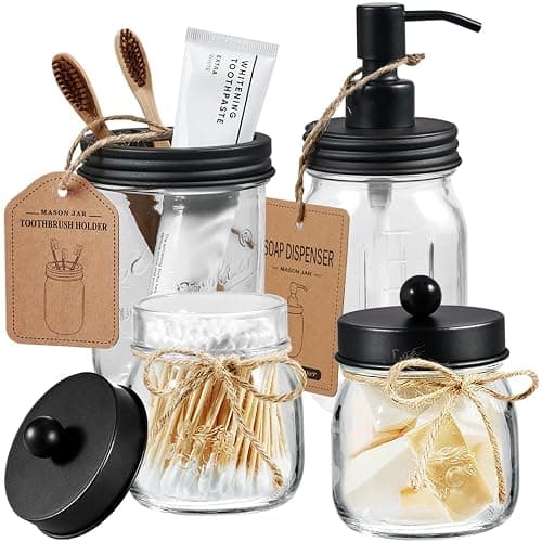 Amolliar Mason Jar Bathroom Accessories Set 4 Pcs -Lotion Soap Dispenser & 2 Cotton Swab Holders & Toothbrush Holder - Rustic Farmhouse Decor, Bathroom Home Decor, Perfect Decorating Idea (Black) - Image 1