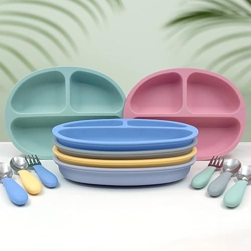 Elk and Friends Silicone Suction Plate for Babies/Toddlers + Stainless Steel Silverware Feeding Set | Divided Plate | Suction Design | Forks + Spoons Included | 3 Pack thumbnail 2
