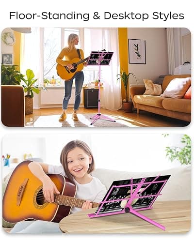 K KASONIC - Music Stand, 2 in 1 Dual-Use Folding Sheet Music Stand & Desktop Book Stand, Portable, Lightweight with Music Sheet Clip Holder & Carrying Bag Suitable for Instrumental Performance (Pink) thumbnail 2