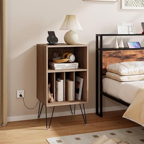 KOMFOTTEU Meuble Platine Vinyle avec 2 Prises Standard européenne, 1 USB,1 Type-C, Meuble Tourne-Disque, 5 Casiers, Table d’Appoint Multifonction, Pieds Métals, 48 x 40 x 88 cm (Couleur Noye) thumbnail 7