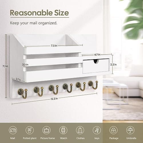 FifthQuarter Key Holder Wall Mount: Key and Mail Holder for Wall with 6 Hooks and Storage Drawer, Easy Installation Key Rack for Entryway Home Decor (A-White) thumbnail 2
