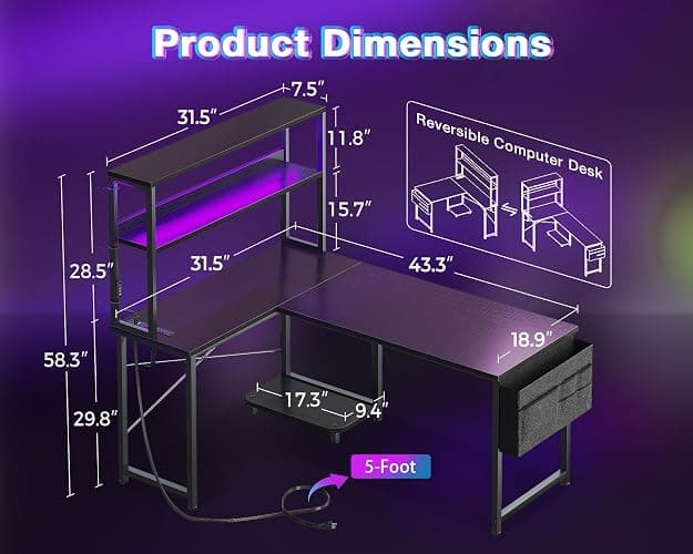 AODK L Shaped Desk Gaming Desk with LED Light & Power Outlet, 43 Inch Reversible L Shaped Computer Table with Shelf, Corner Desk with Storage Bag&Hook for Home Office Desk, Black thumbnail 3