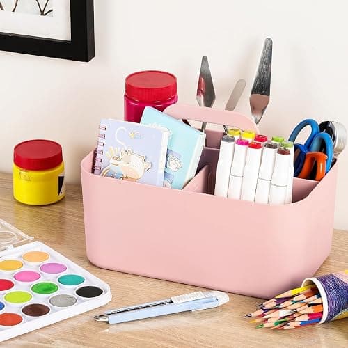 Multiuse Caddy Organizer with Handle, Portable Divided Plastic Tote Bin - Art Craft, Stationary Pen Marker Crayons, Makeup Hair Supplies Storage - Bathroom, Classroom, Dorm, Office, Desk Holder - Pink thumbnail 5