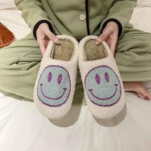 Bevaney Smile Face Slippers for Women - Soft Plush Retro Preppy Slip-on Comfortable Indoor/Outdoor Shoes thumbnail 5